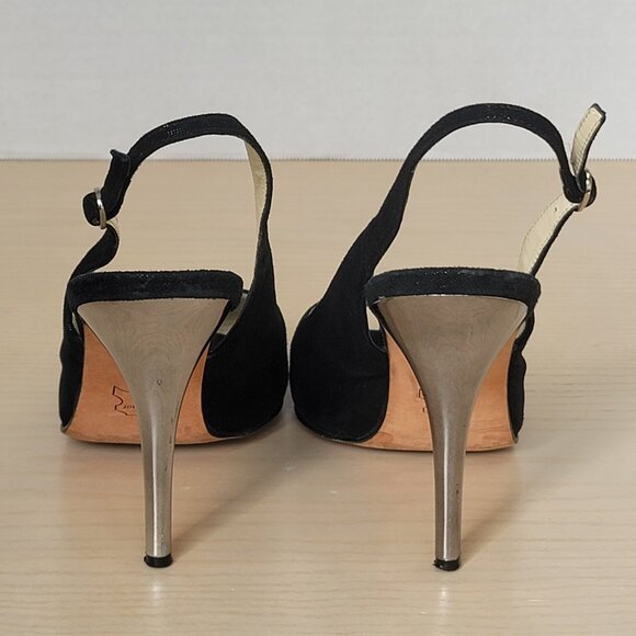 BCBGMAXAZRIA Kelly Black Metallic Leather Peep Toe Heels Size EU 39/US 8.5 - Picture 4 of 16